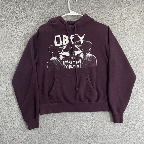 Obey The Wasted Youth Hoodie Women M Plum Cropped Pullover - Picture 1 of 11
